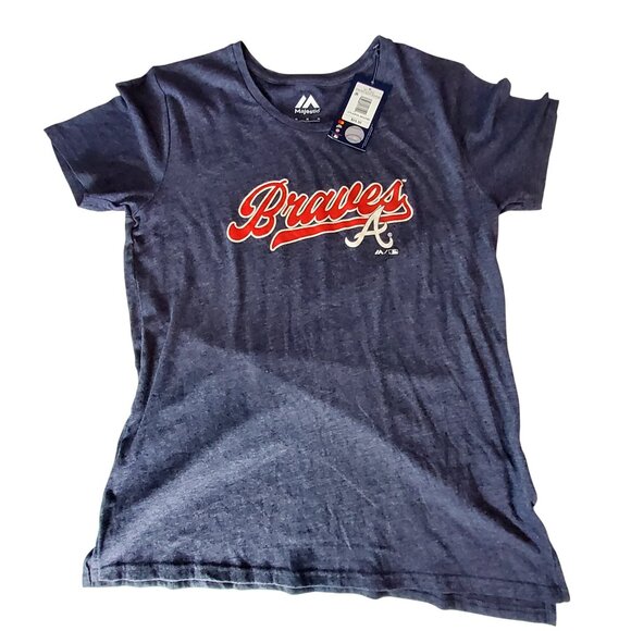 Majestic Tops - Majestic Atlanta Braves Womens T-Shirt Heathered Navy Size M Genuine MLB